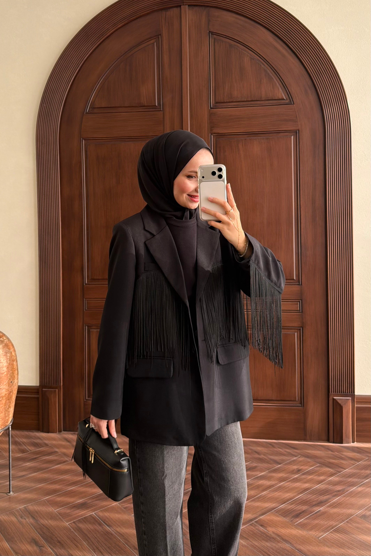 Püskül Detay Oversize Ceket - SİYAH