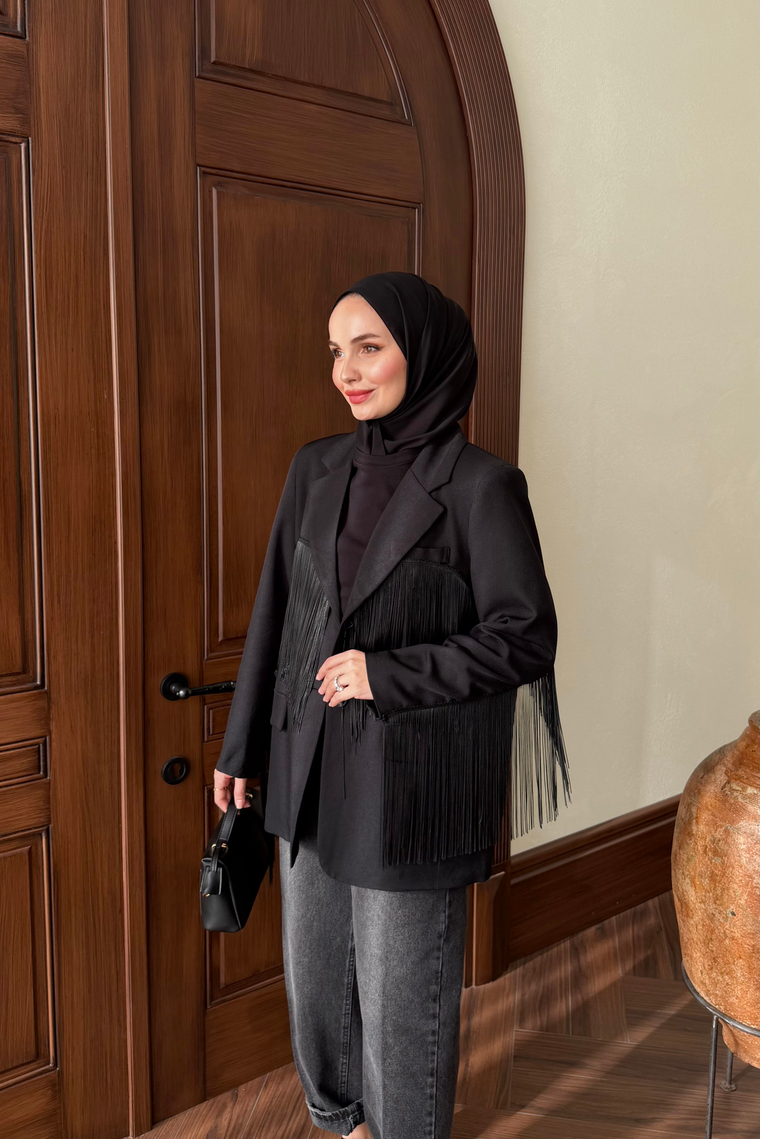 Püskül Detay Oversize Ceket - SİYAH