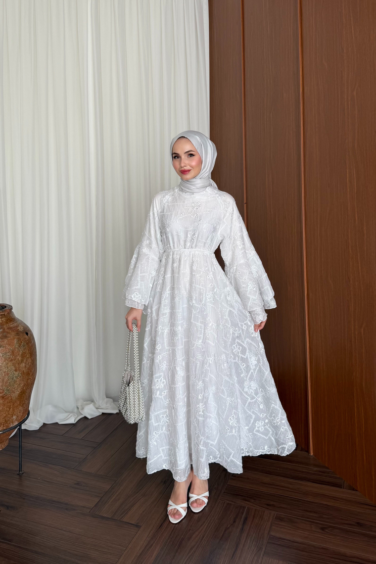 Riona Simli Tasarım Elbise - BEYAZ