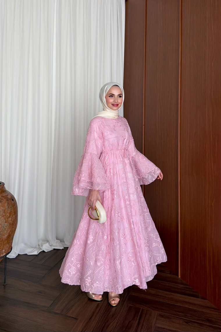 Riona Simli Tasarım Elbise - PEMBE