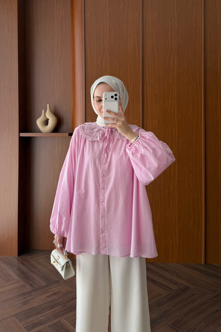 Rose Yaka Detay Gömlek - PEMBE
