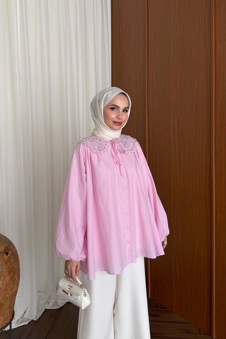Rose Yaka Detay Gömlek - PEMBE