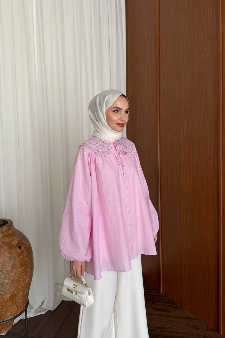 Rose Yaka Detay Gömlek - PEMBE
