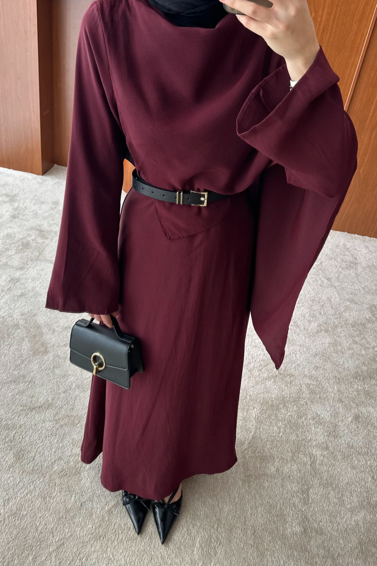 Rosee Şal Detaylı Elbise - BORDO