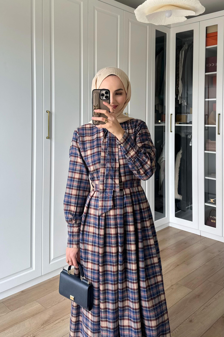 Royal Ekose Pile Detay Elbise - LACİVERT