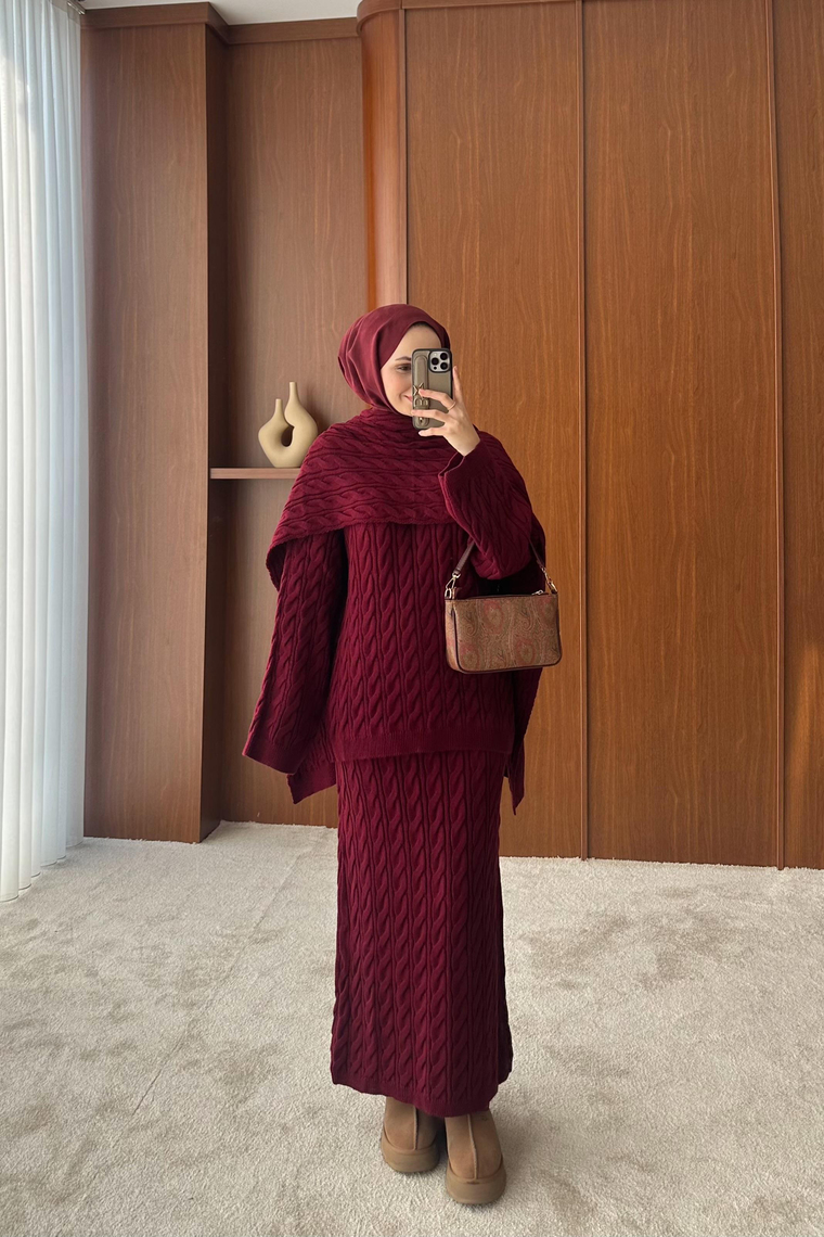 Şal Detay Triko Etekli Takım - BORDO