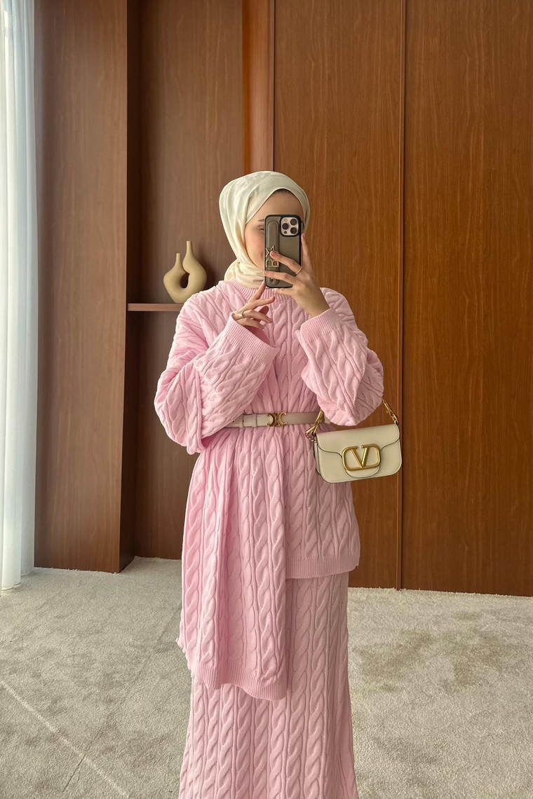 Şal Detay Triko Etekli Takım - PEMBE