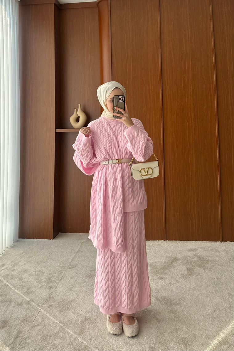 Şal Detay Triko Etekli Takım - PEMBE