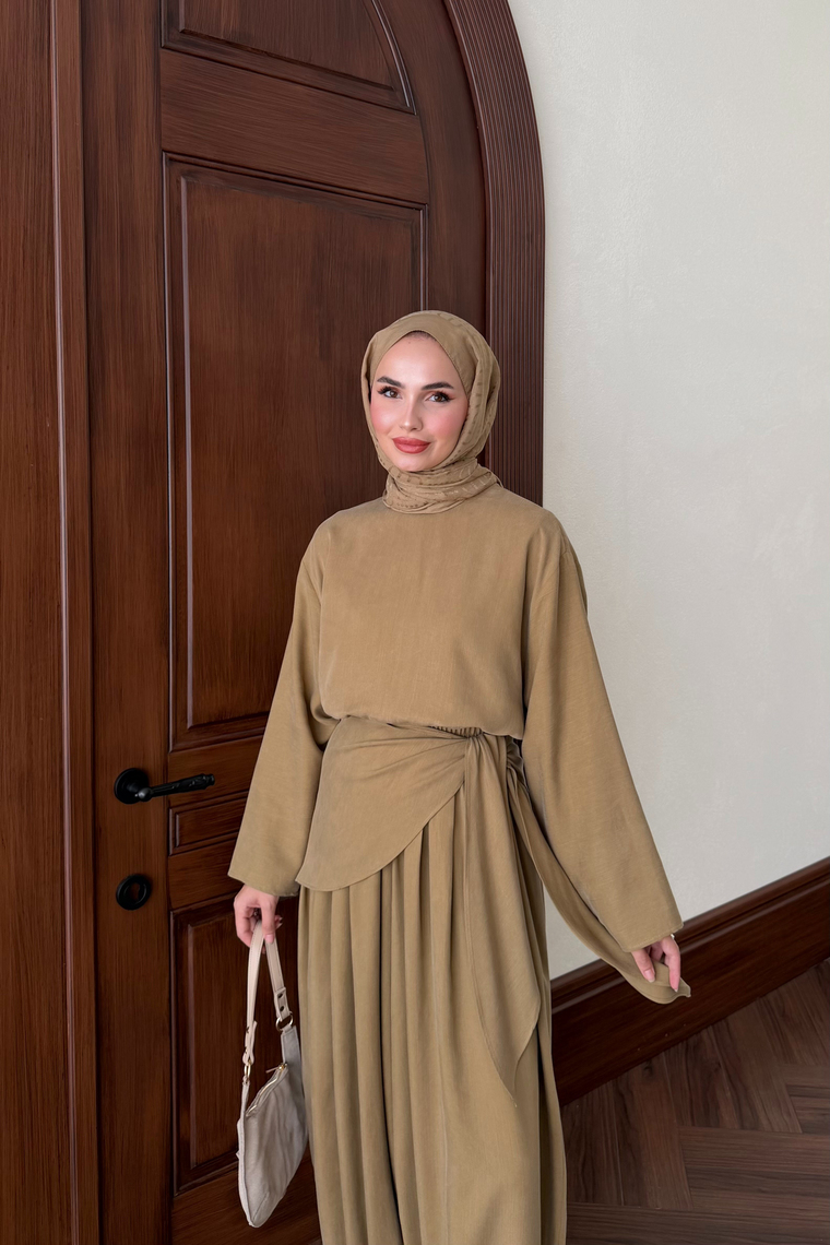 Şal Detaylı Şalvar Pantolon Takım - YAĞ YEŞİLİ