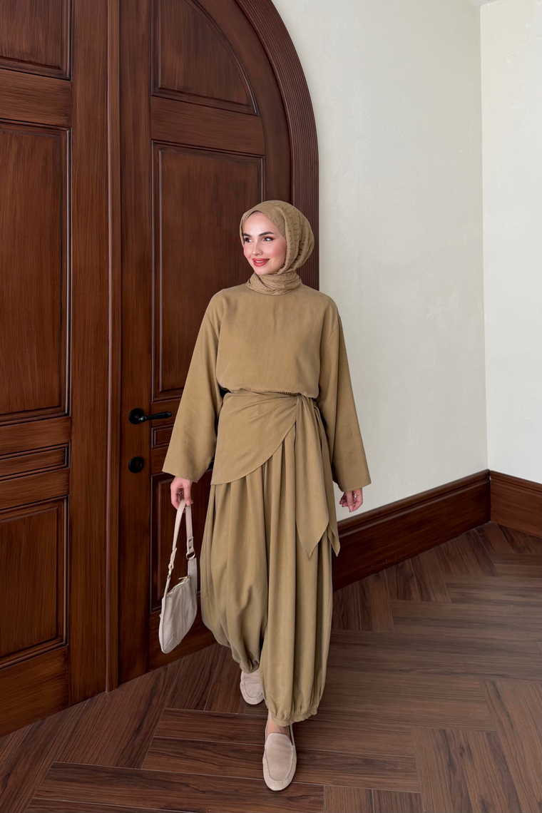 Şal Detaylı Şalvar Pantolon Takım - YAĞ YEŞİLİ