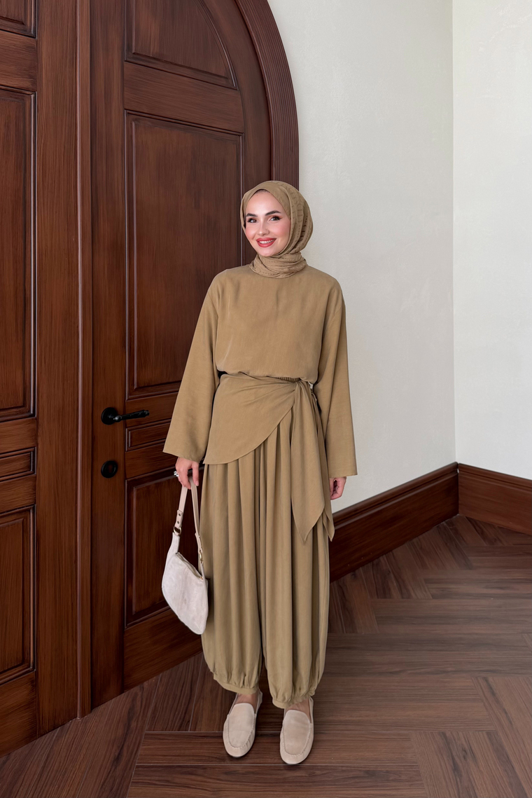 Şal Detaylı Şalvar Pantolon Takım - YAĞ YEŞİLİ