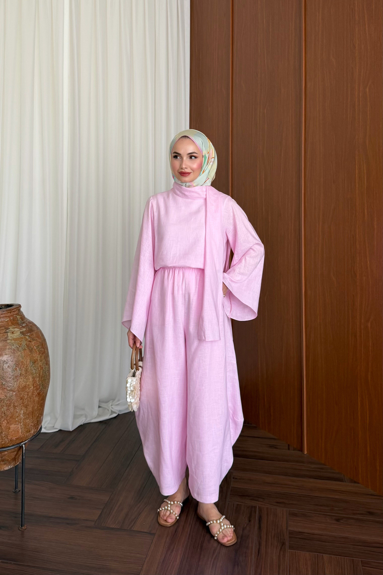 Şal Yaka Keten Takım - PEMBE