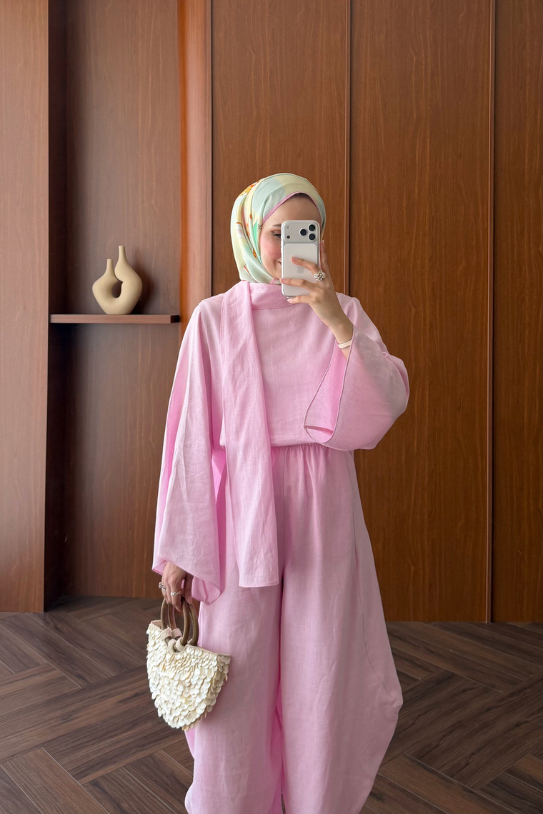 Şal Yaka Keten Takım - PEMBE