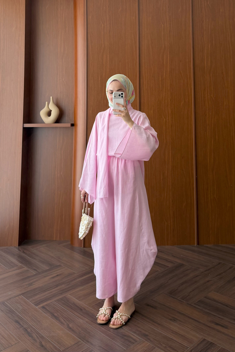 Şal Yaka Keten Takım - PEMBE