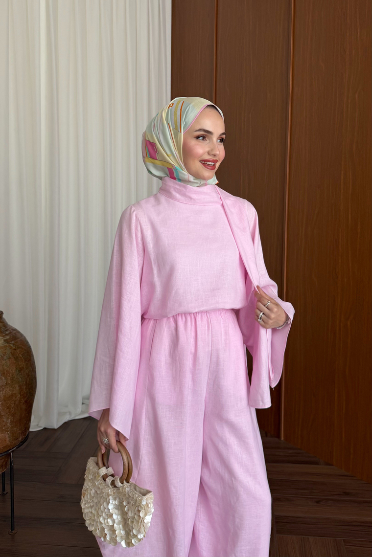 Şal Yaka Keten Takım - PEMBE