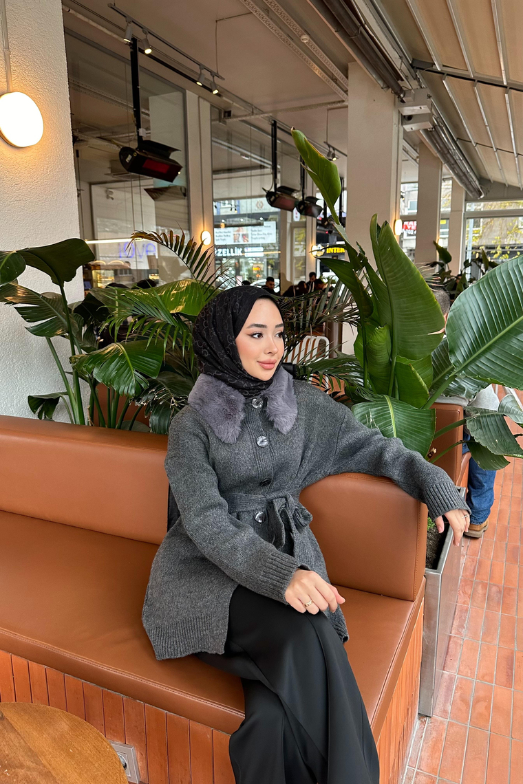 Şazeli Kürk Detaylı Hırka - FÜME