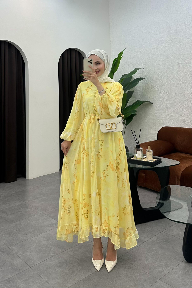 Senra Asimetrik Kesim Elbise - SARI