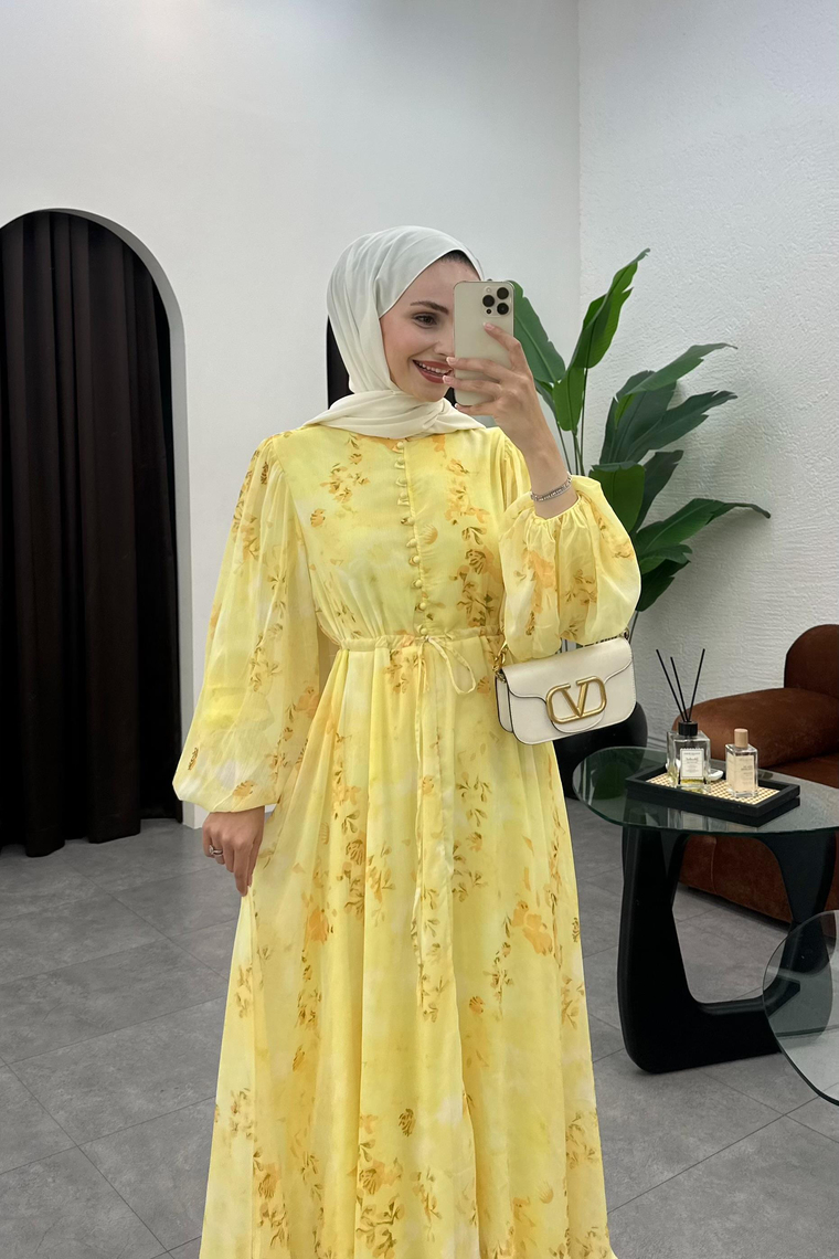 Senra Asimetrik Kesim Elbise - SARI