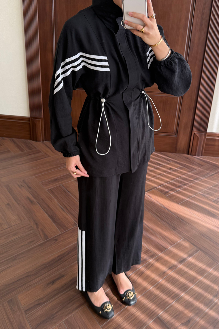 Şeritli Bel Sıkmalı Spor Takım - SİYAH