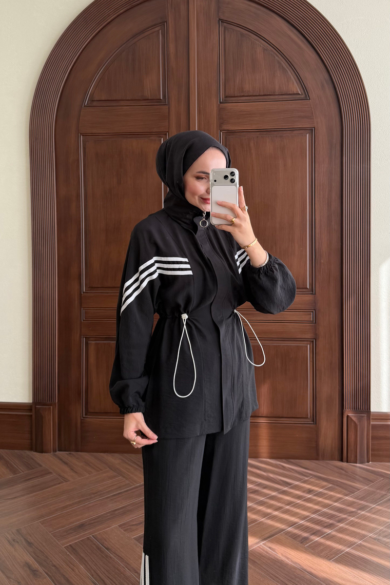 Şeritli Bel Sıkmalı Spor Takım - SİYAH