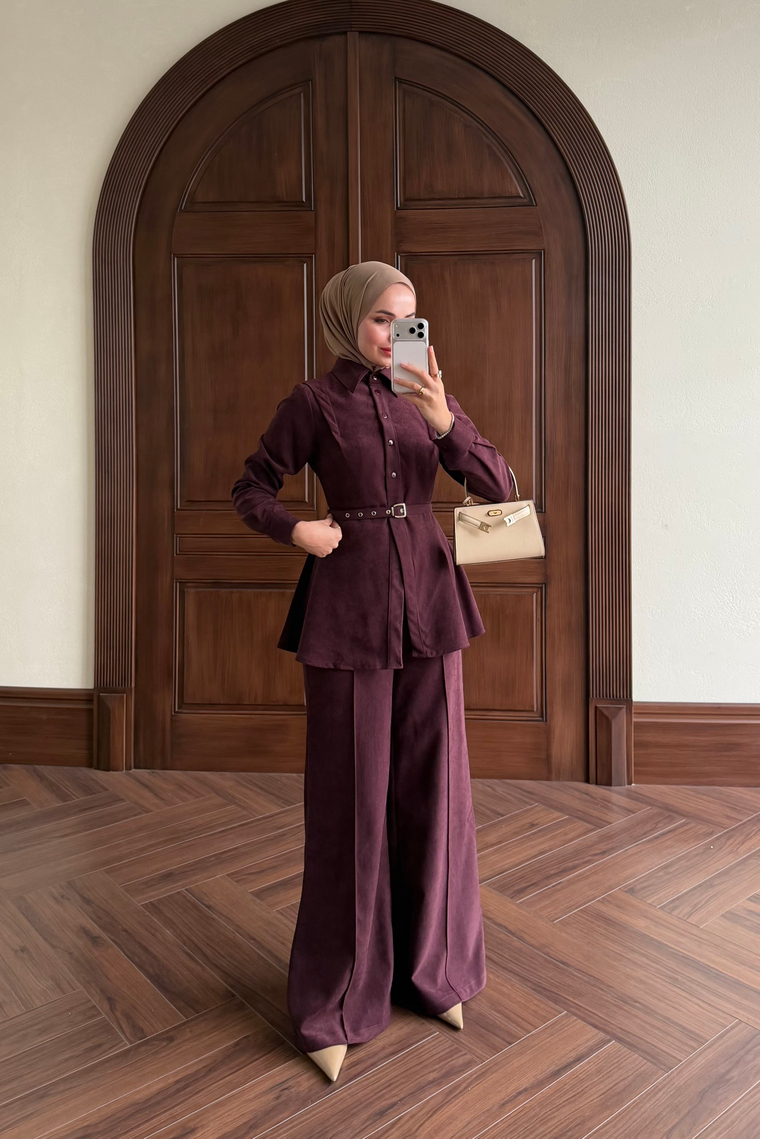 Süet İkili Pantolon Takım - MÜRDÜM