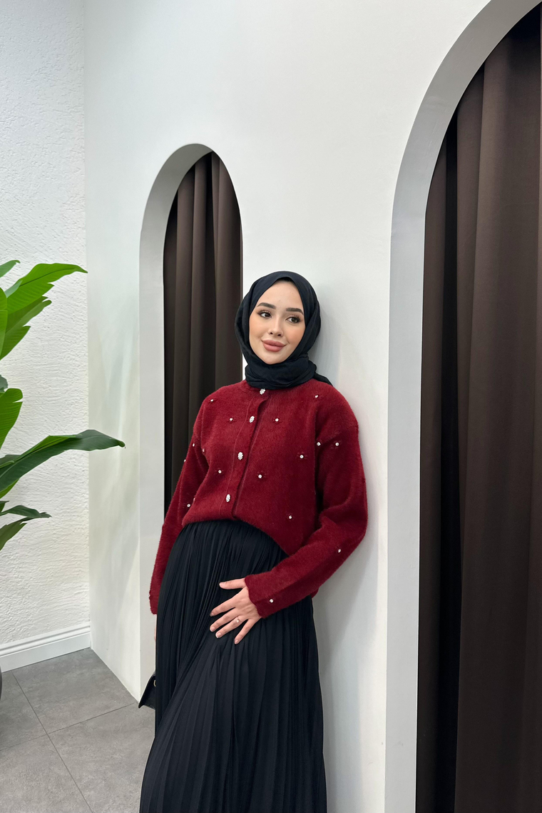 Taş Detaylı Yumoş Hırka - BORDO