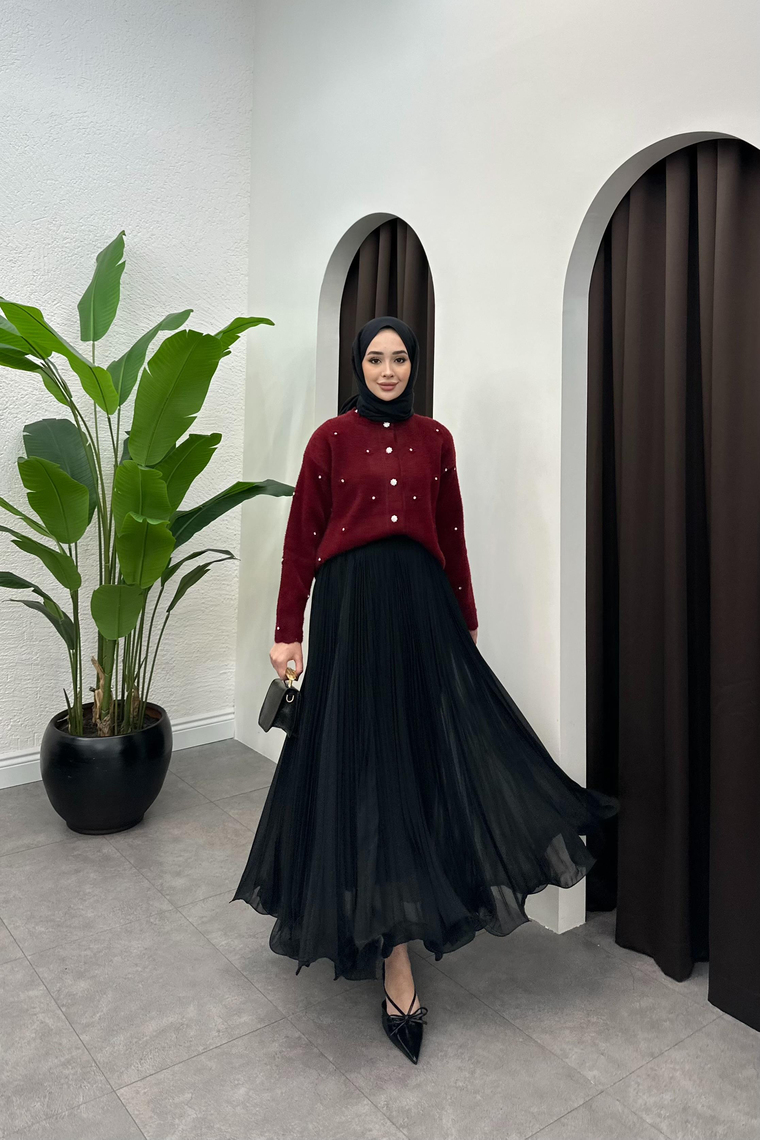 Taş Detaylı Yumoş Hırka - BORDO