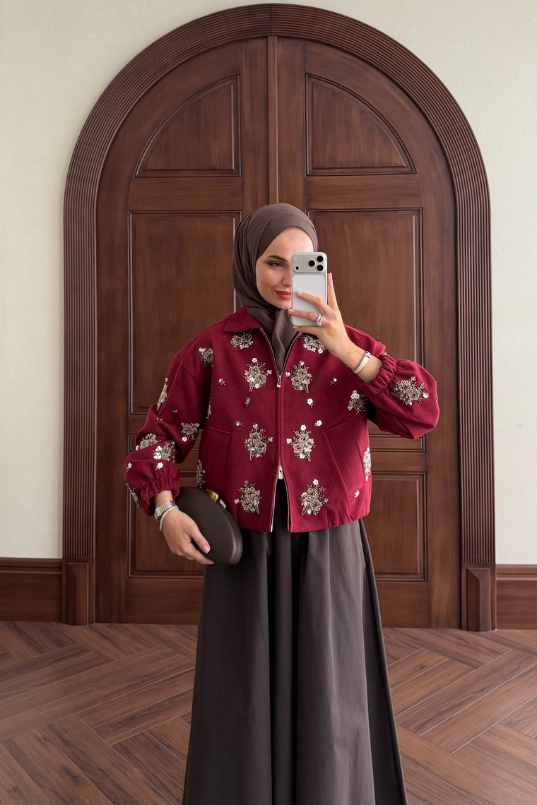 Taş İşlemeli Kısa Bomber Ceket - BORDO
