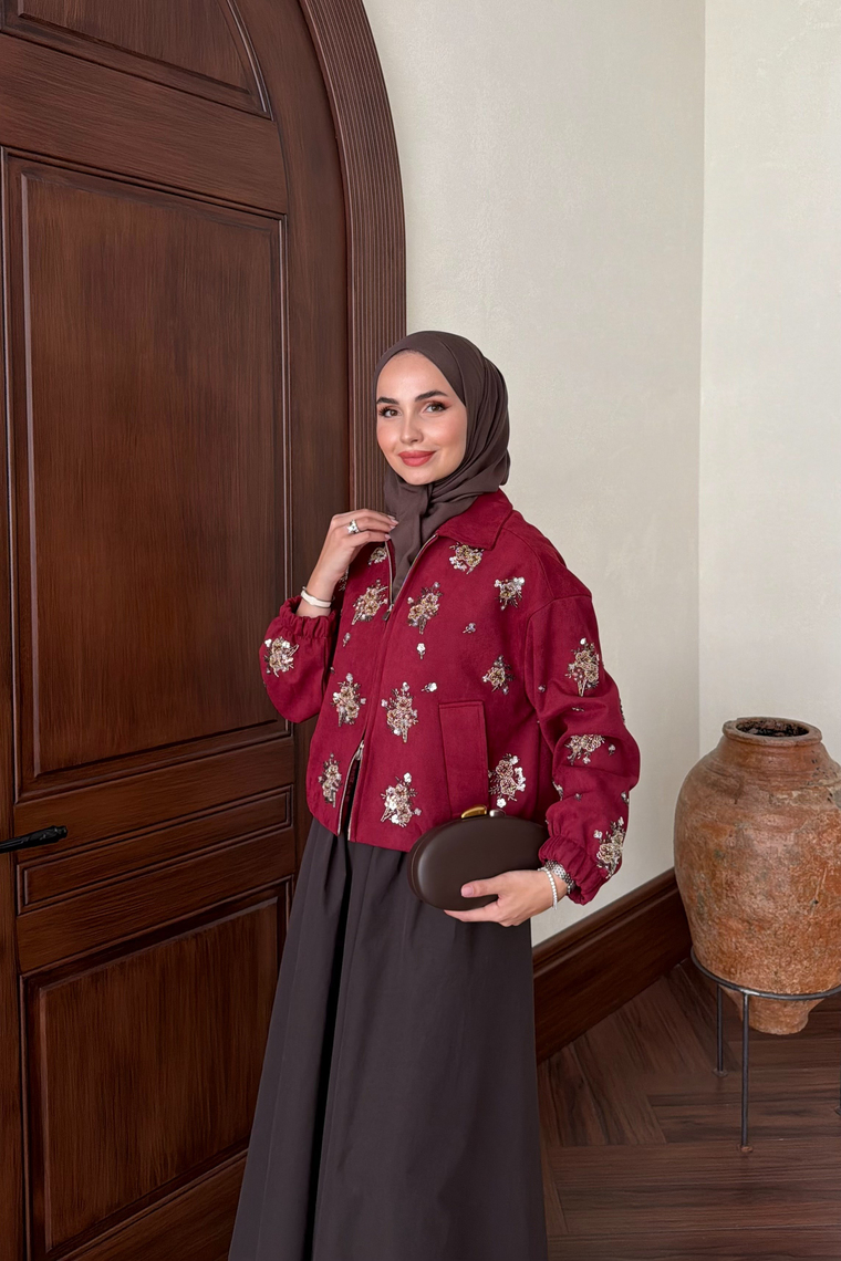 Taş İşlemeli Kısa Bomber Ceket - BORDO