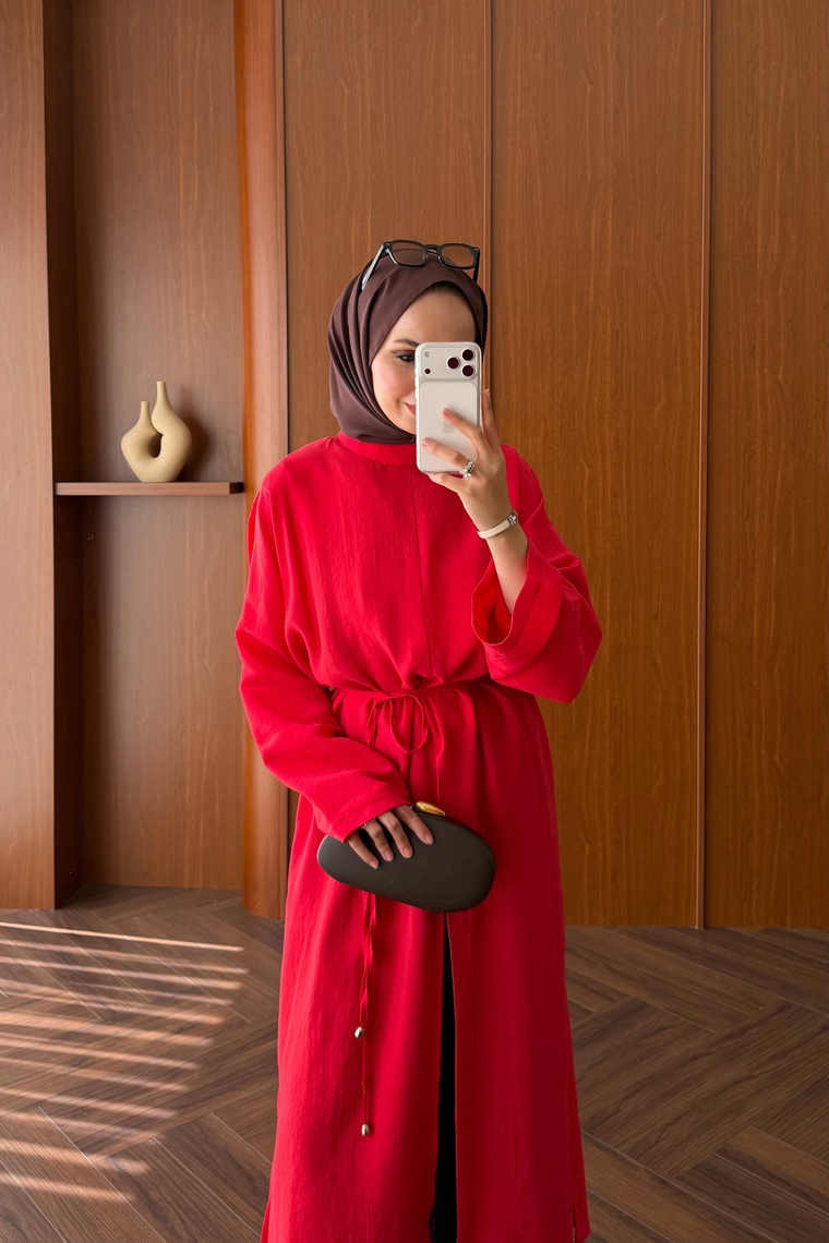 Tensel Yırtmaçlı Uzun Kimono - KIRMIZI