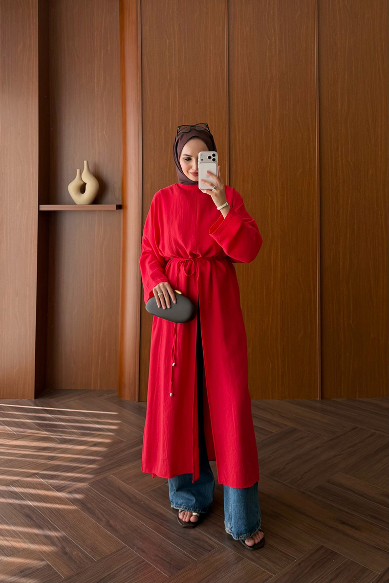 Tensel Yırtmaçlı Uzun Kimono - KIRMIZI