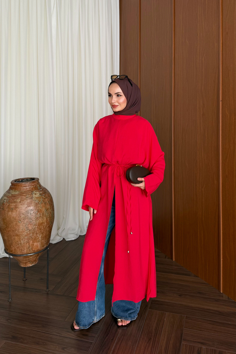 Tensel Yırtmaçlı Uzun Kimono - KIRMIZI