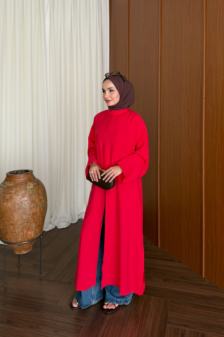 Tensel Yırtmaçlı Uzun Kimono - KIRMIZI