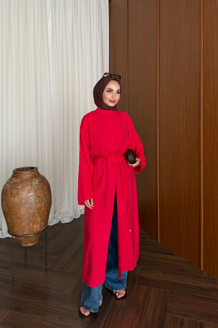 Tensel Yırtmaçlı Uzun Kimono - KIRMIZI