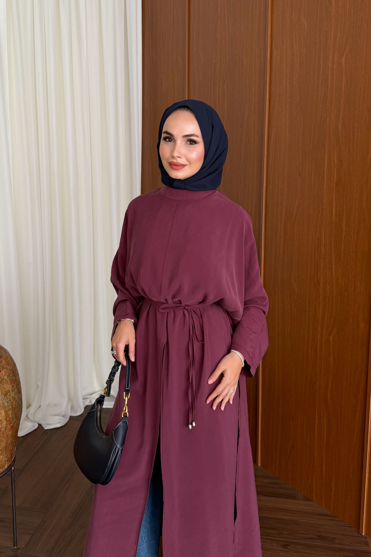Tensel Yırtmaçlı Uzun Kimono - MÜRDÜM