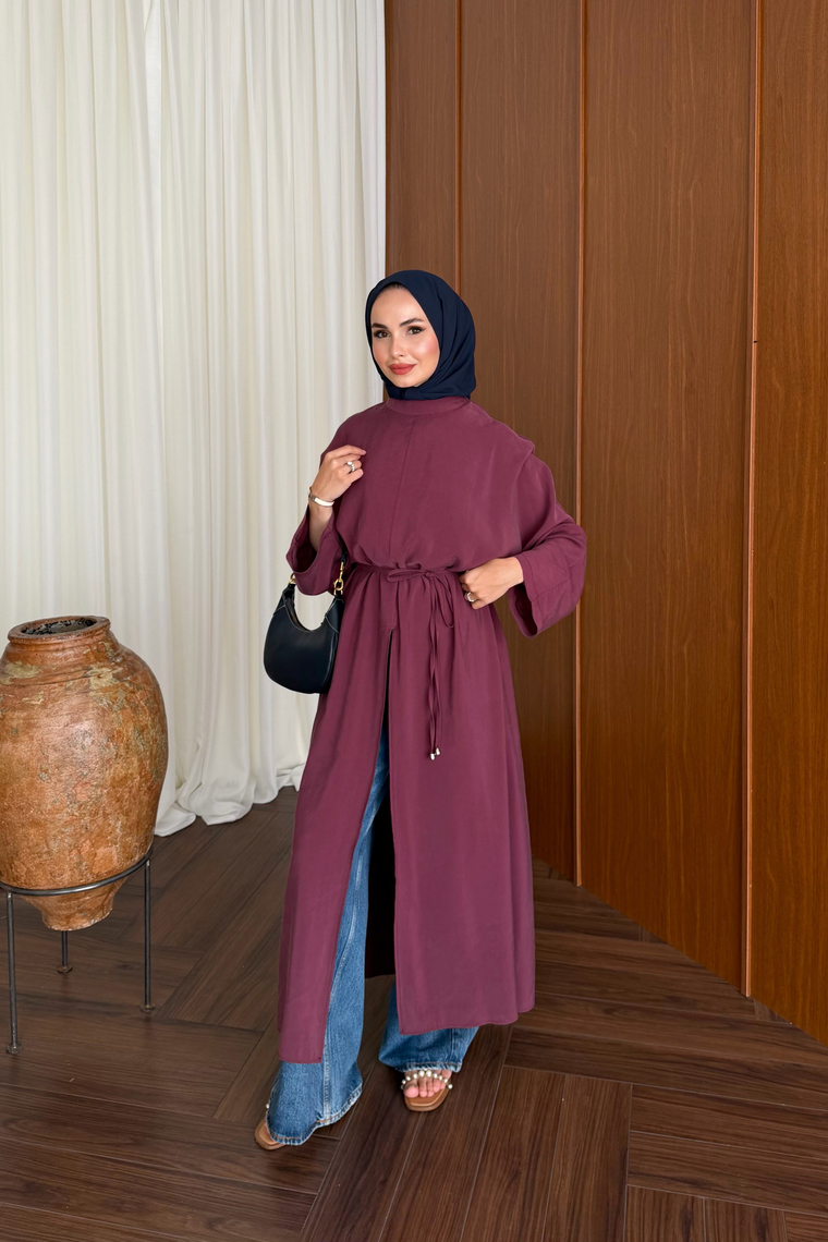 Tensel Yırtmaçlı Uzun Kimono - MÜRDÜM
