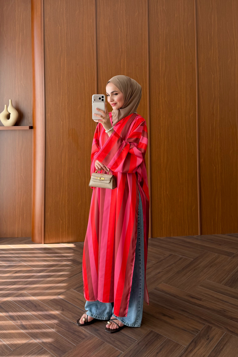 Uzun Yırtmaçlı Kimono - KIRMIZI