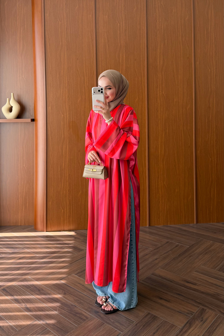 Uzun Yırtmaçlı Kimono - KIRMIZI