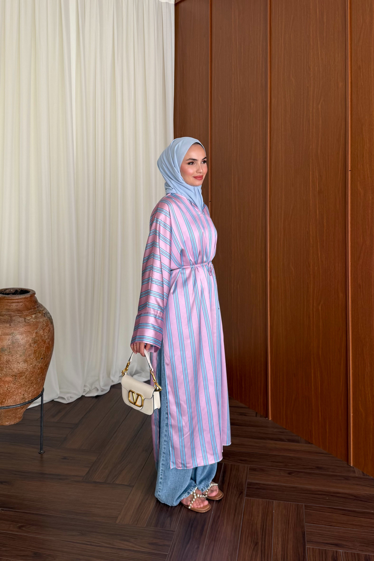 Uzun Yırtmaçlı Kimono - PEMBE