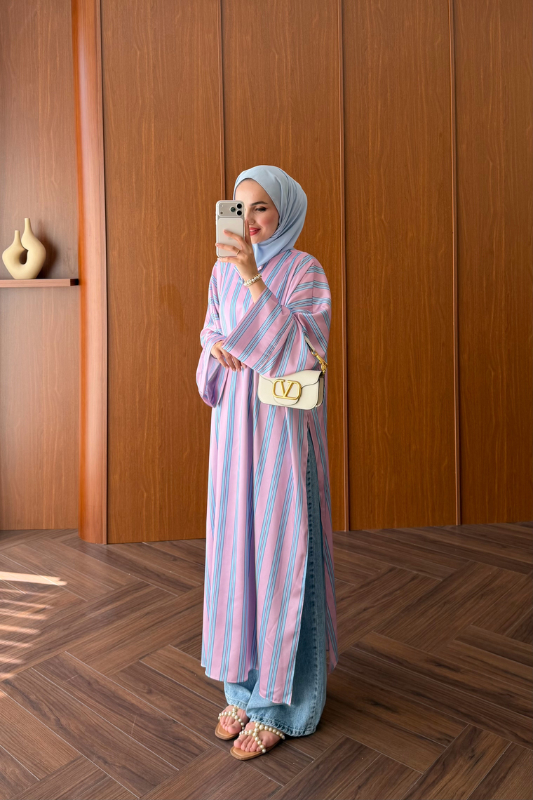Uzun Yırtmaçlı Kimono - PEMBE