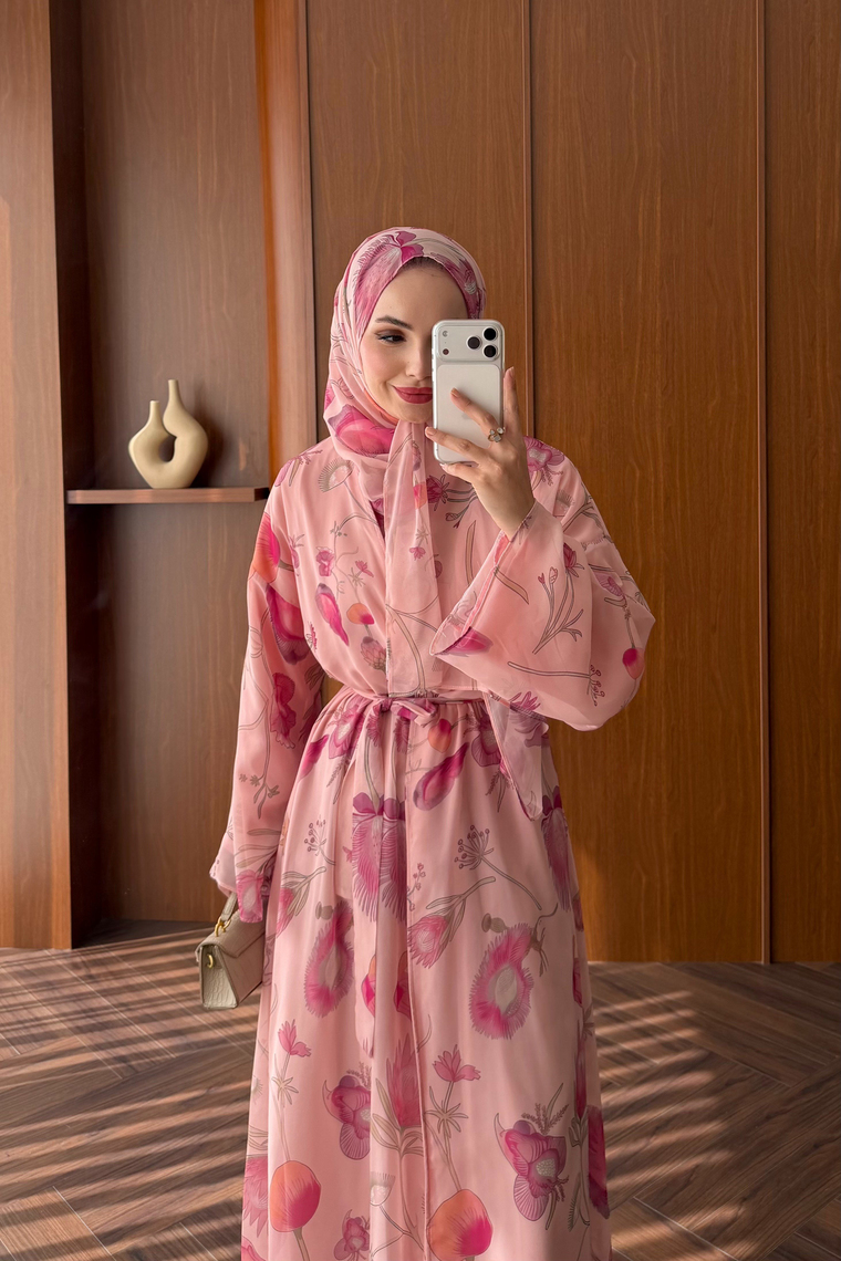 Vera Şallı Desenli Abaya Takım - PEMBE