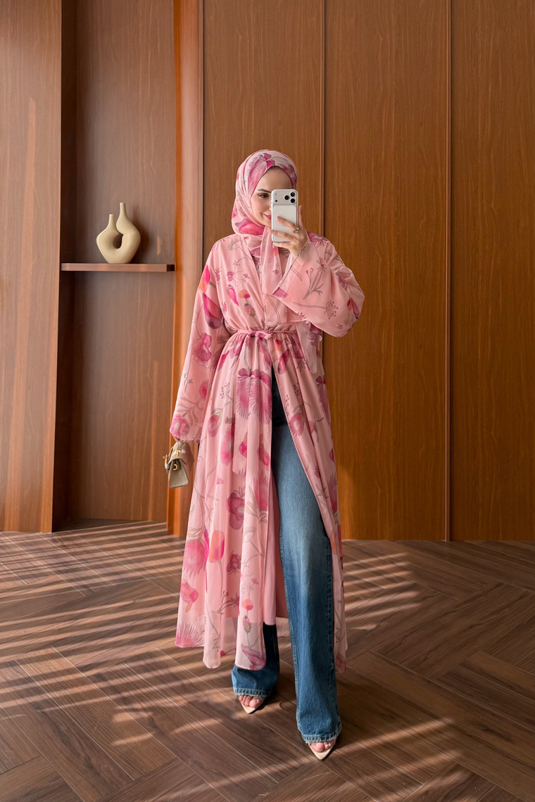 Vera Şallı Desenli Abaya Takım - PEMBE