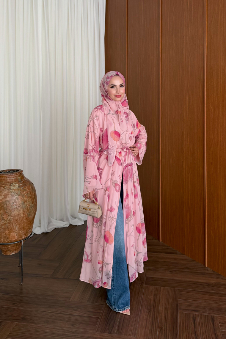 Vera Şallı Desenli Abaya Takım - PEMBE