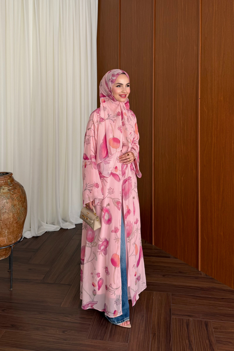 Vera Şallı Desenli Abaya Takım - PEMBE
