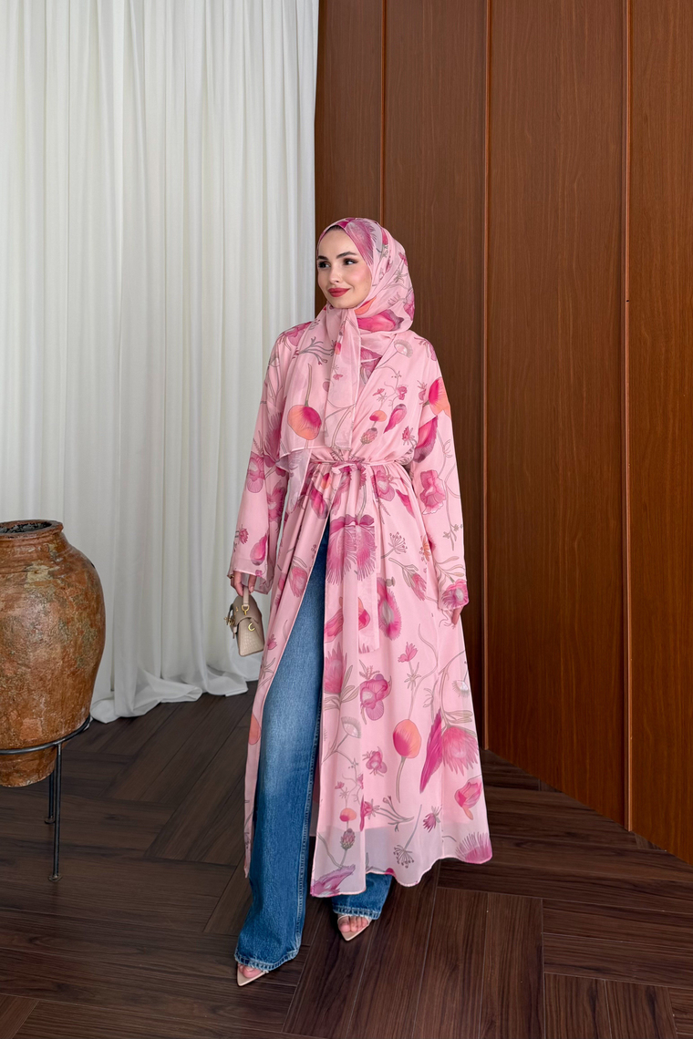 Vera Şallı Desenli Abaya Takım - PEMBE