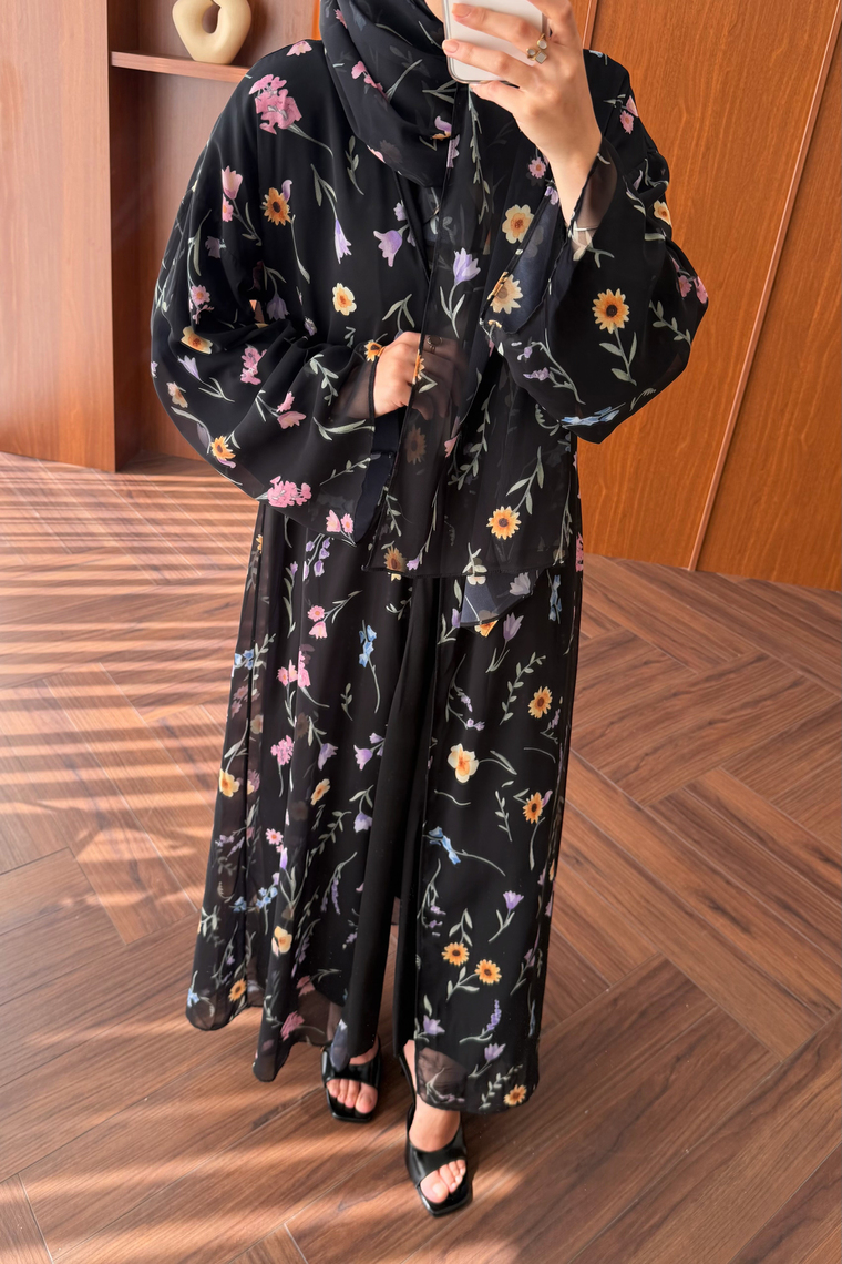 Vera Şallı Desenli Abaya Takım - SİYAH