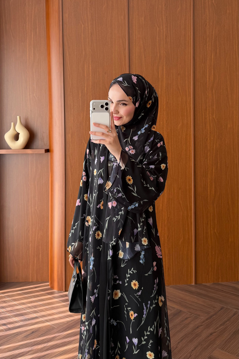 Vera Şallı Desenli Abaya Takım - SİYAH