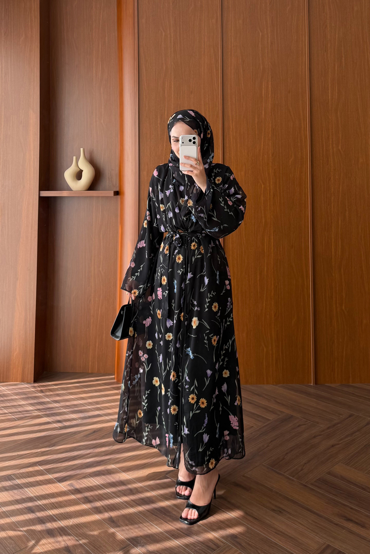 Vera Şallı Desenli Abaya Takım - SİYAH
