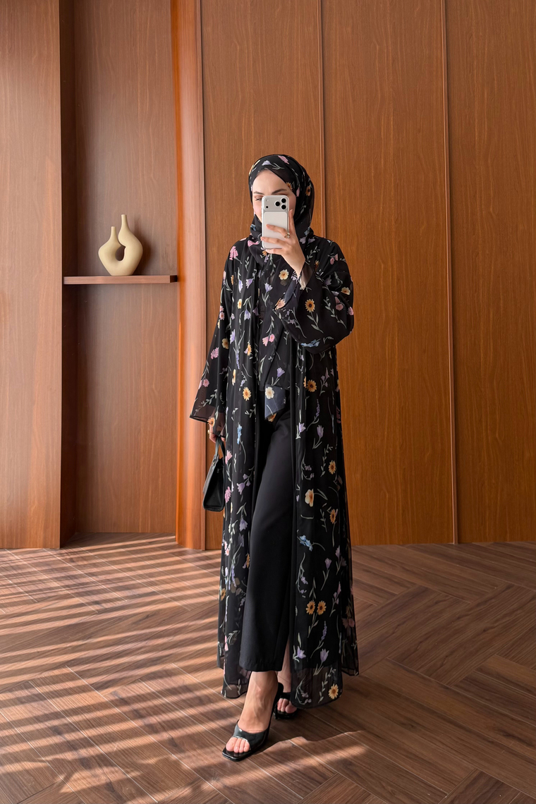 Vera Şallı Desenli Abaya Takım - SİYAH