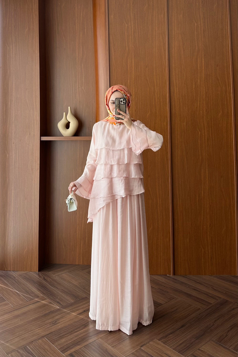 Volan Detay Pantolon Takım - PEMBE